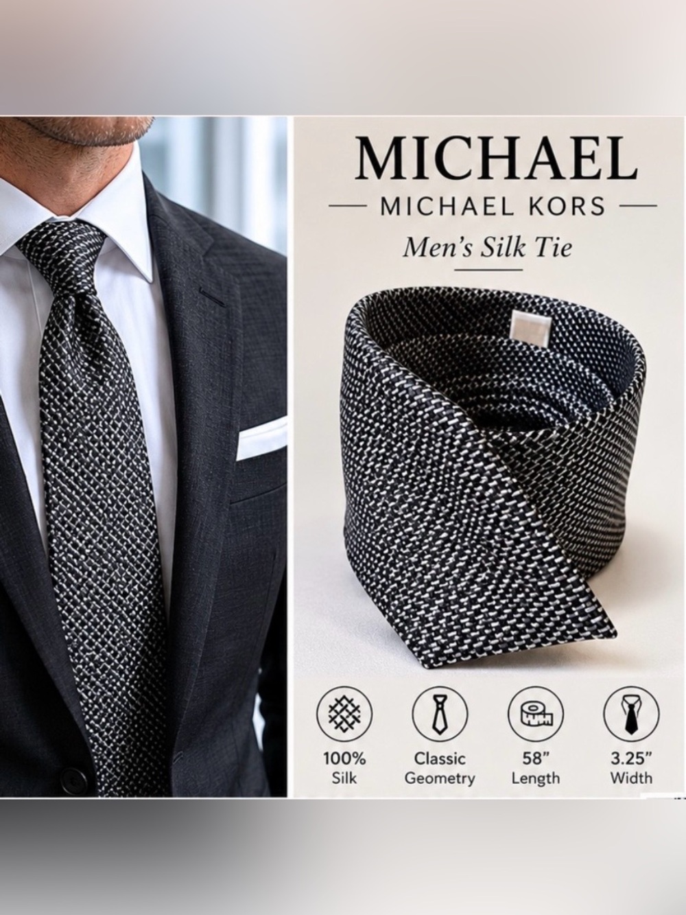 Michael Kors Gray Black Woven Silk Tie Geometric Pattern